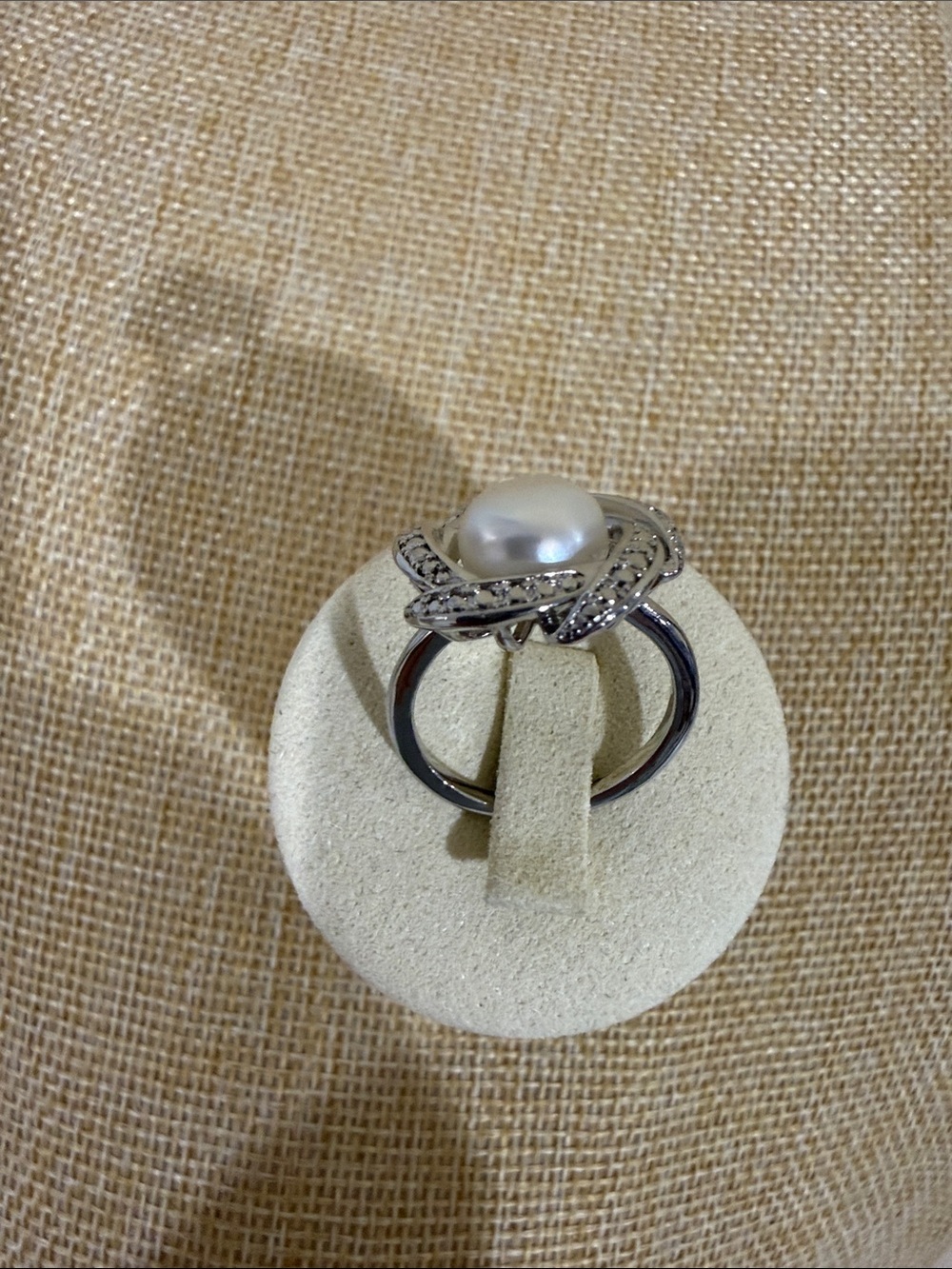 Titanium plated Lustrous White Pearl Halo Ring with Crystal Accents - Picture 3 of 4